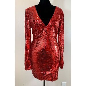 WFFS Wild Nights Red Long Sleeve Sequin V-Neck Mini Lined Dress Women’s Medium